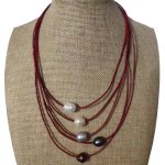 16-20 inches 5 rows 11-12 mm Red Leather Cord Pearl Necklace