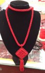 30 inches 3-4mm Red Round Coral Beaded Square Knot Pendent Necklace