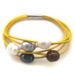 7.5 inches 5 rows Yellow Leather Cord Natural Oval Pearl Bracelet