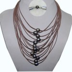 17-24 inches 15 Rows Brown Leather 11-12mm Black Pearl Necklace