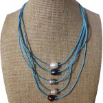 16-20 inches 5 rows 11-12 mm Blue Leather Cord Pearl Necklace