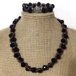 16 inches Double Rows 4-5mm Black Pearl & Facet Crystal Necklace Jewelry Set