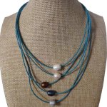 16-20 inches 5 rows 11-12 mm Peacock Blue Leather Cord Pearl Necklace