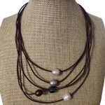 16-20 inches 5 rows 11-12 mm Brown Leather Cord Pearl Necklace