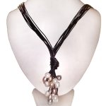 36 inches 10 Rows Black Leather Multicolor Pearl Necklace