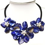 18 inches Natural Leather Dark Blue Three Shell Flower Necklace