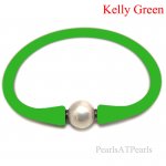 Wholesale 10-11mm One Natural Round Pearl Kelly Green Rubber Silicone Bracelet