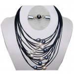 17-24 inches 15 Rows Black Leather Natural Pearl Necklace