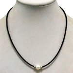 17 inches 10-11mm Natural White Pearl &Black Leather Necklace