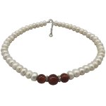 16-18 inches Natural White Button Pearl & Red Round Agate Beaded Necklace