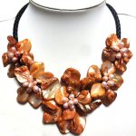 18 inches Natural Leather Five Orange Shell Flower Necklace