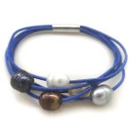 7.5 inches 5 Rows Blue Leather 9-10mm Natural Oval Pearl Bracelet