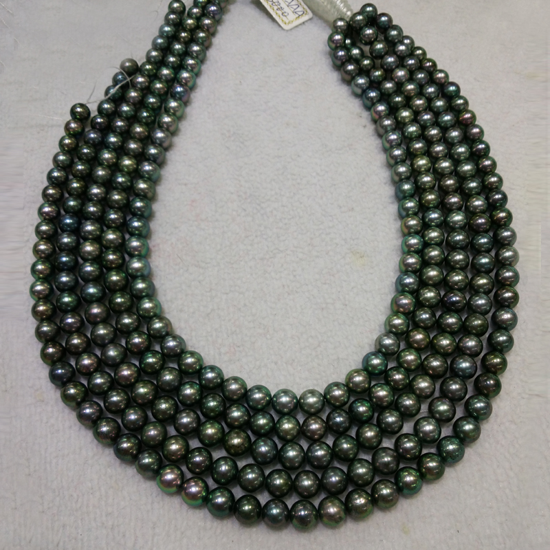 16 inches AA 7-7.5mm Peacock Round Akoya Pearls Loose Strand