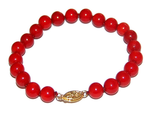 8-9mm Red Natural Round Coral Bead Bracelet with 925 Silver Clasp