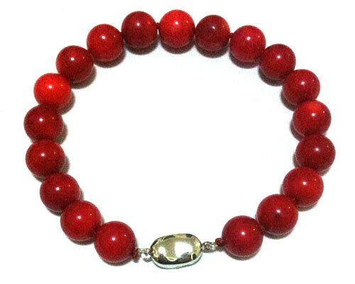 9-10mm Red Round Natural Coral Bracelet with 925 Silver Clasp