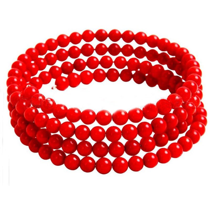 4mm Red Natural Round Coral Bead Memory Wire Bracelet