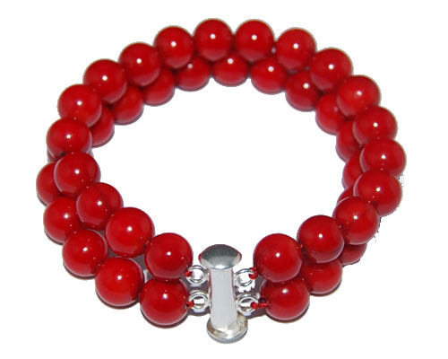8mm Double Rows Red Natural Round Coral Beaded Bracelet
