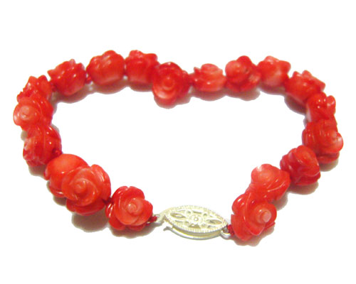 Pink Rose Carved Natural Coral Bead Bracelet with 925 Silver Clasp