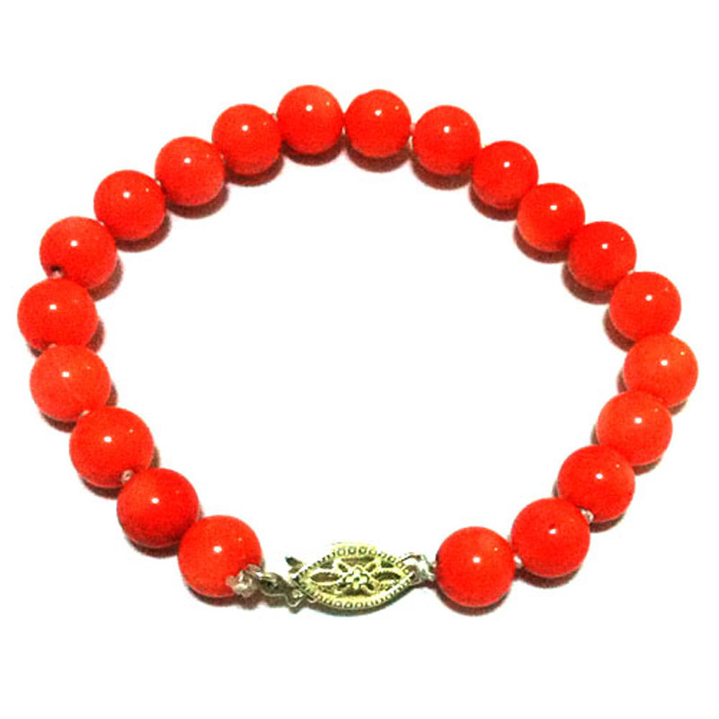 8-9mm Pink Natural Round Coral Bracelet with 925 Silver Clasp