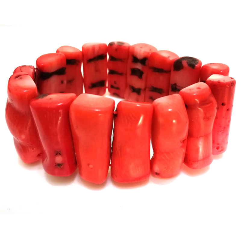 8 inches 12x30mm Elastic Salmon Bar Shaped Natural Coral Beaded Bracelet