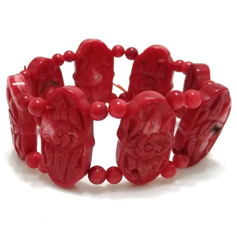 7 inches 15*30mm Elastic Red Flat Hand Carved Natural Coral Bracelet