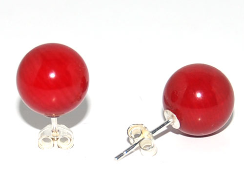 Red Natural Round Coral Earring With 925 Silver Stud