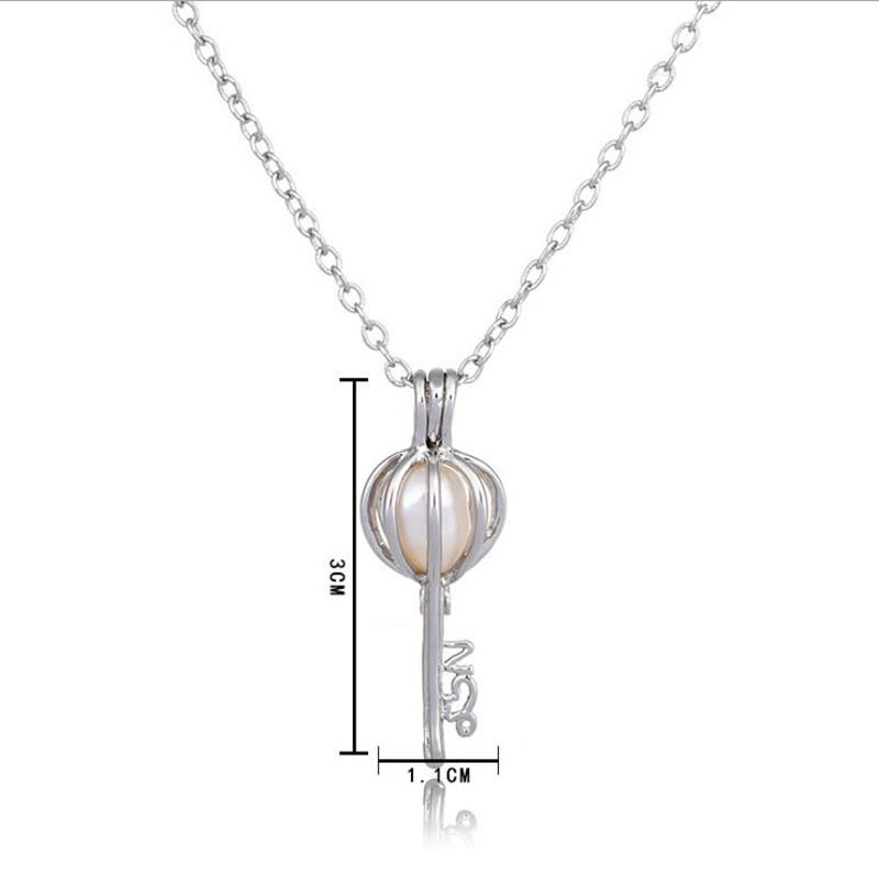 Wholesale Rhodium Plated Key Style Wish Pearl Cage Pendent Necklace