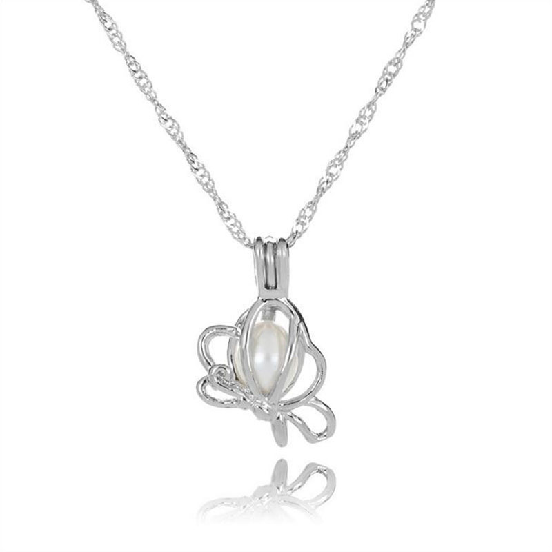 Wholesale Rhodium Plated Butterfly Style Wish Pearl Cage Pendent Necklace