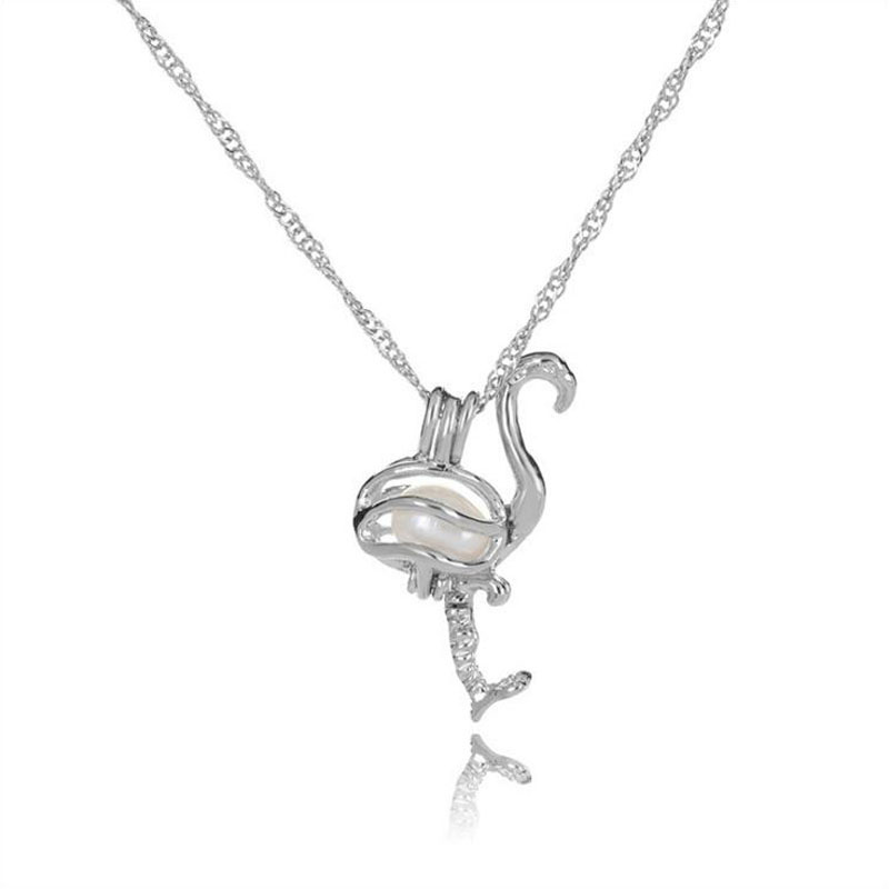 Wholesale Rhodium Plated Ostrich Style Wish Pearl Cage Pendent Necklace