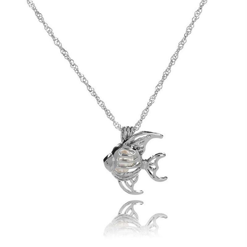 Wholesale Rhodium Plated Golden Fish Style Wish Pearl Cage Pendent Necklace