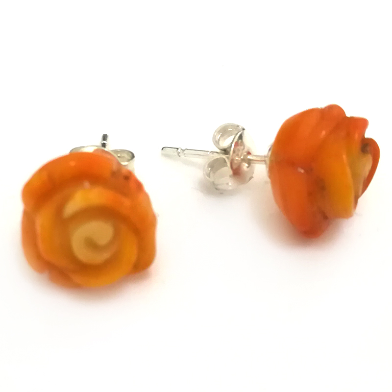 Orange Carved Flower Coral 925 Sterling Silver Stud Earring