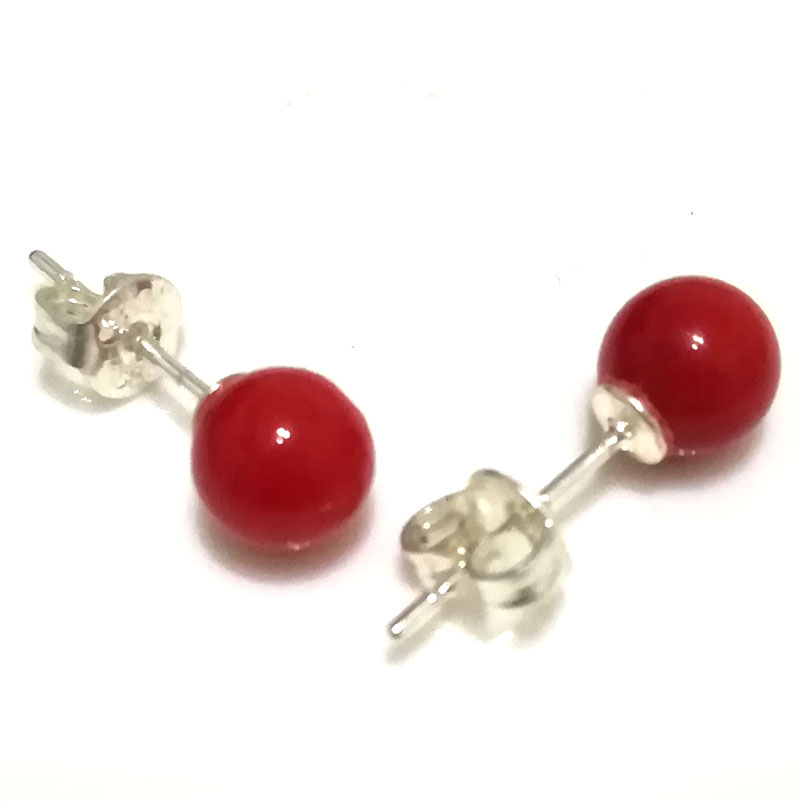 CE1012 6-7mm Red Natural Round Coral 925 Sterling Silver Stud Ea