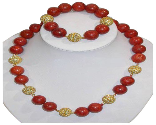 18 inches 14mm Red Round Natural Coral Necklace & Bracelet