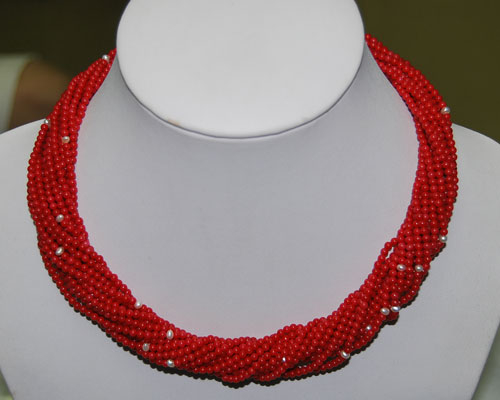 18 inches 12 Rows 4mm Freshwater Pearls & Red Coral Necklace