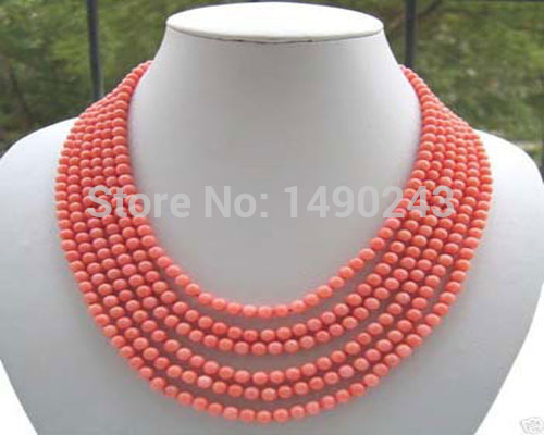 17-22 inches 6 rows 6-7mm Pink Round Natural Pink Coral Beaded Necklace