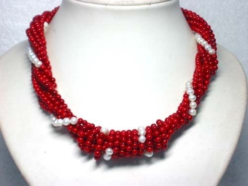 18 inches 7 Rows 6-7mm Red Round Natural Coral & Pearls Necklace