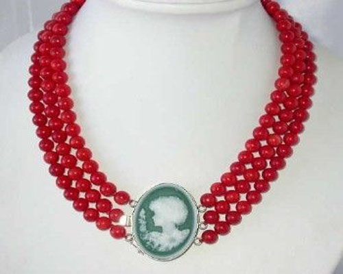 17-19 inches 3 Rows 6-7mm Red Round Natural Coral Necklace
