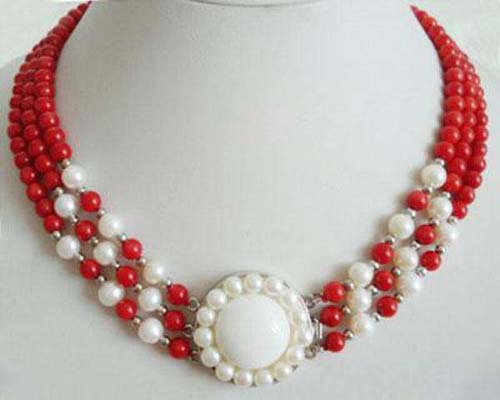 17-19 inches 3 Rows 6-7mm Round White Pearl & Red Coral Necklace
