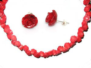 17 inches 12mm Red Carved Flower Natural Coral Necklace Set