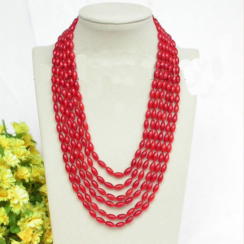 17-22 inches 6 rows 4X8mm Rice Red Coral Beaded Necklace with Magnet Clasp