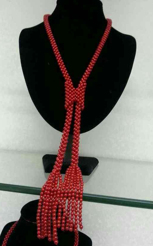 30 inches 3.5-4mm Red Round Coral Beaded Long Chain Necklace