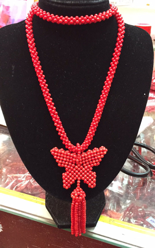 30 inches 3-4mm Red Round Coral Beaded Butterfly Knot Pendent Necklace