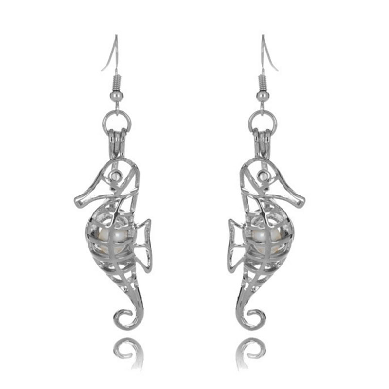 Rhodium Plated Sea Horse Style Cage Hook Earring