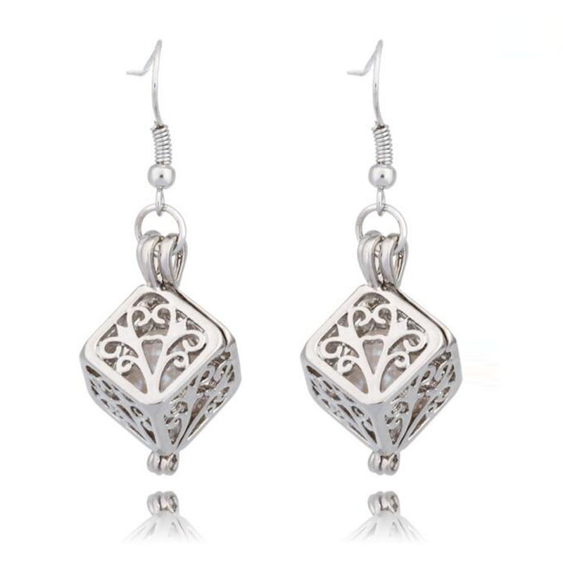 CP0030 Rhodium Plated Square Style Cage Hook Earring