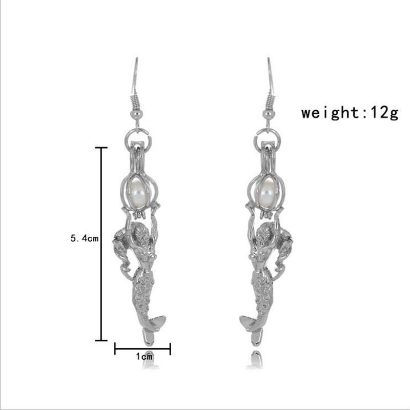 CP0038 Rhodium Plated Sea-maiden Shaped Style Cage Hook Earring