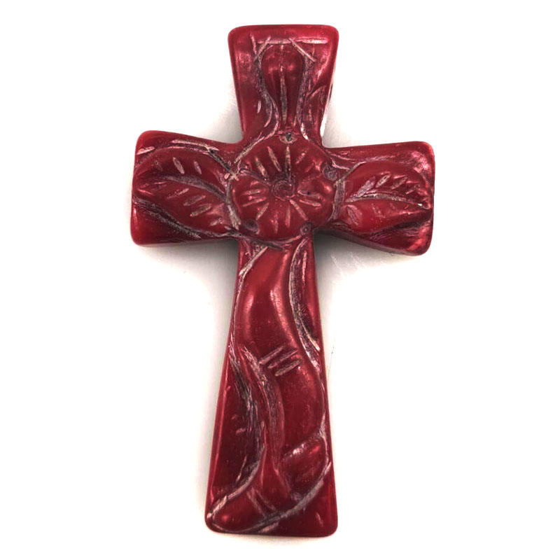 30x50mm Red Floral Carved Cross Shaped Natural Coral Charm Pendent