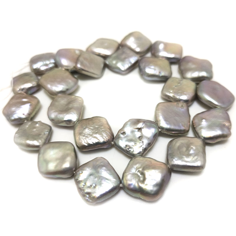 16 inches 14-15mm Silver Diagonally Drilled Flat Square Pearls Loose Strand