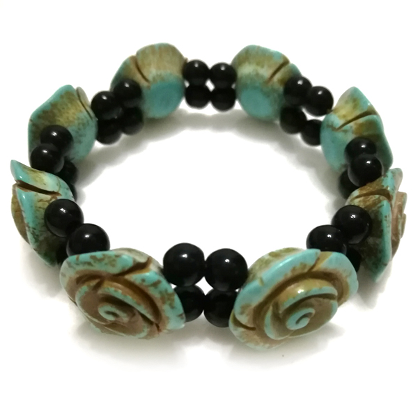 8 inches 10x20 mm Elastic Antique Blue Flower Carved Natural Turquoise Bracelet