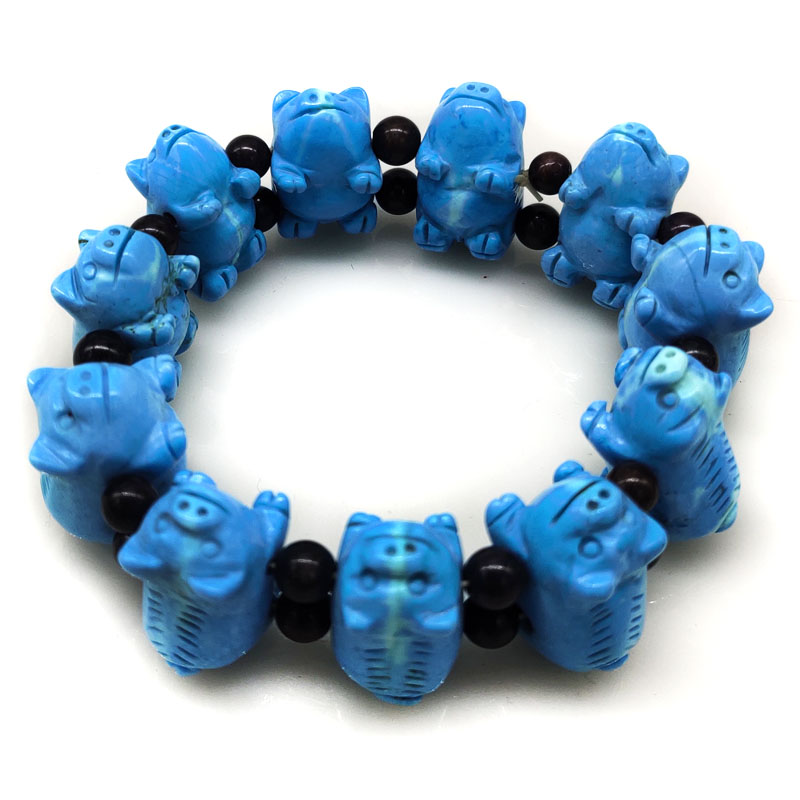 8 inches 12x20mm Blue Piggy Carved Turquoise Elastic Beaded Bracelet