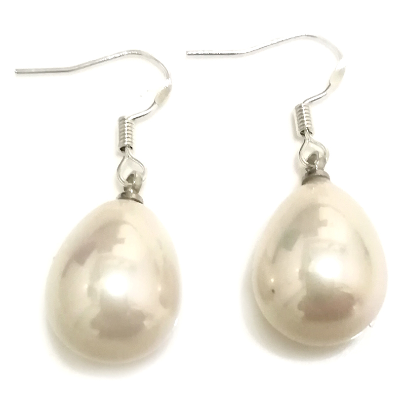 Wholesale 12x16mm Shiny White Raindrop Shell Pearl 925 Sterling Silver Earring
